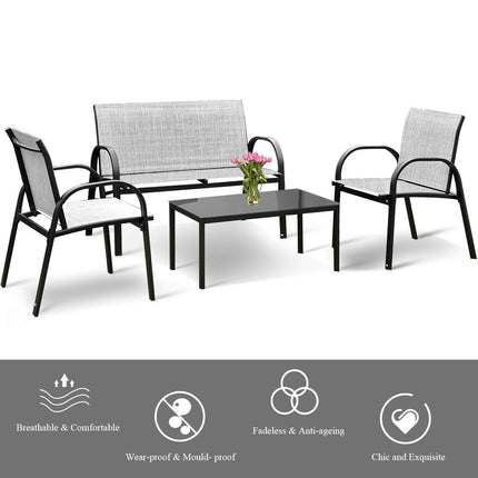 Patio Furniture Set with Glass Top Coffee Table, 4 Pieces, Gray, Costway, 3