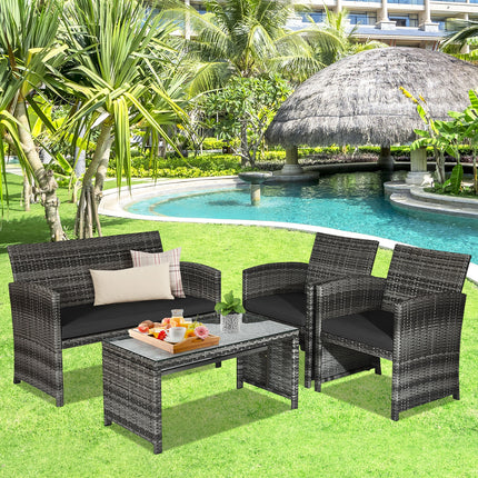 Patio Rattan Furniture Set with Glass Table and Loveseat, Black, 4 Pieces , Costway, 7