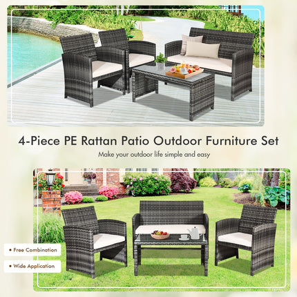 Patio Rattan Furniture Set Top Sofa With Glass Table, White, 4 Pcs , Costway, 9