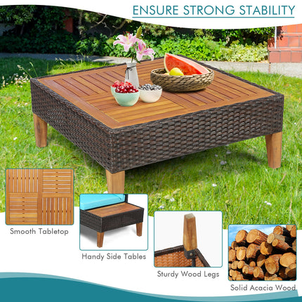 Patio Cushioned Rattan Furniture Set with Wooden Side Table, Turquoise, 4 Pieces , Costway, 6