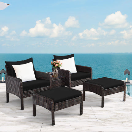 Patio Rattan Sofa Ottoman Furniture Set with Cushions, 5 Pieces , Black, Costway, 8
