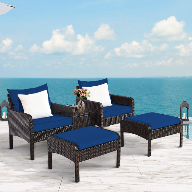 Patio Rattan Sofa Ottoman Furniture Set with Cushions, 5 Pieces , Navy, Costway, 2