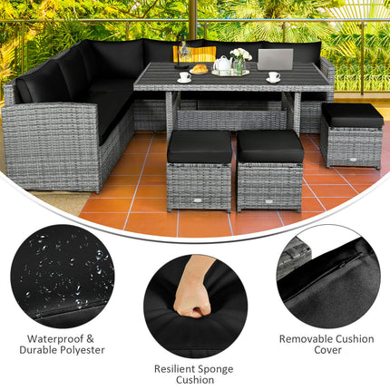 Outdoor Dining Set, Patio Rattan Dining Furniture Sectional Sofa Set with Wicker Ottoman, Black, 7 Pieces, Costway, 4