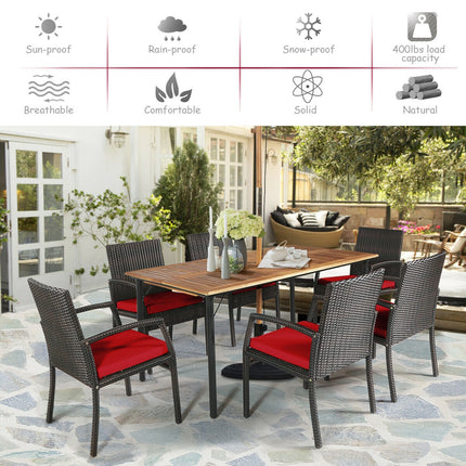Outdoor Patio Furniture, Dining Set, Patio Rattan Cushioned Dining Set with Umbrella Hole, Red, 7 Pcs, Costway, 3