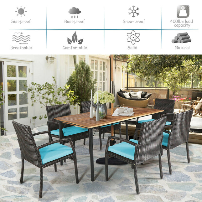 Outdoor Patio Furniture, Patio Rattan Cushioned Dining Set with Umbrella Hole, Turquoise, Table, 6 Chairs, 7 Pcs, Costway, 2