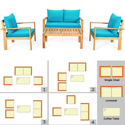 Outdoor Dining set, Outdoor Acacia Wood Chat Set with Water Resistant Cushions, Turquoise, 4 Pieces, Costway, 5