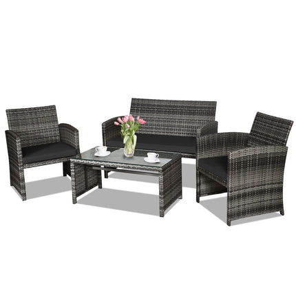 Patio Rattan Furniture Set with Glass Table and Loveseat, Black, 4 Pieces , Costway, 8