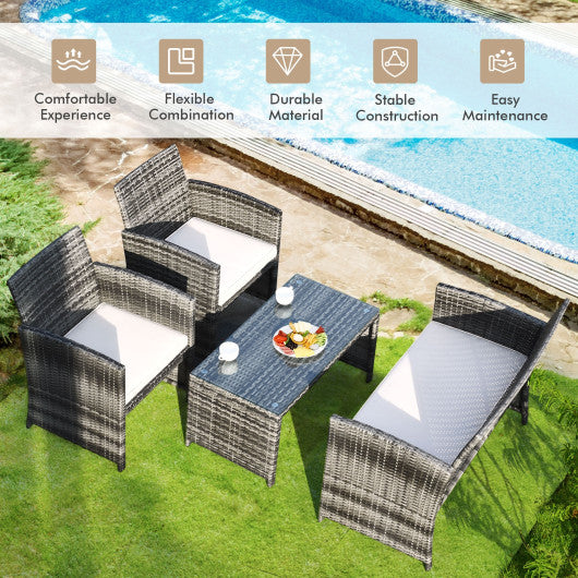 Patio Rattan Furniture Set Conversation Glass Table Top Cushioned Sofa  White, 4PCS , Costway, 2