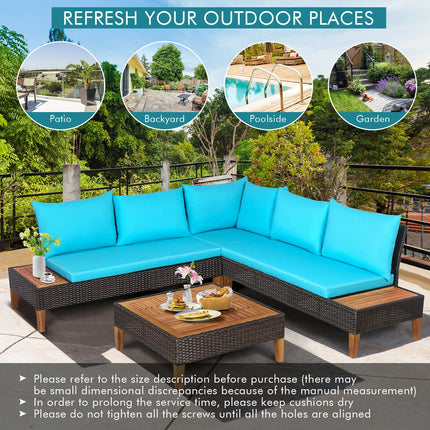 Outdoor Patio Furniture, Patio Cushioned Rattan Furniture Set with Wooden Side Table, Turquoise, 4 Pieces, Costway, 5