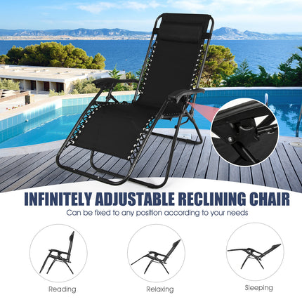 Folding Portable Zero Gravity Reclining Lounge Chairs Table Set, 3 Pieces Black, Costway, 3