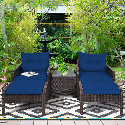 Patio Rattan Sofa Ottoman Furniture Set with Cushions, 5 Pieces , Navy, Costway, 7