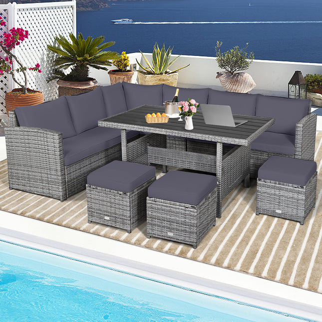 Patio Rattan Dining Furniture Sectional Sofa Set with Wicker Ottoman, Gray, 7 Pieces , Costway, 2