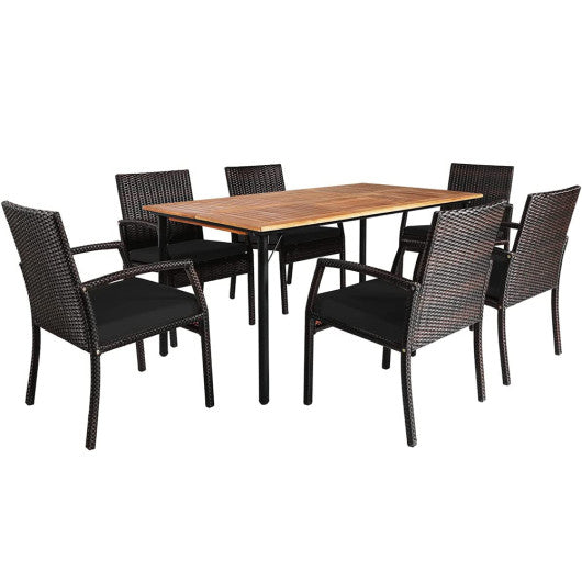 Patio Rattan Cushioned Dining Set with Umbrella Hole, 7 Pieces Black, Costway, 1