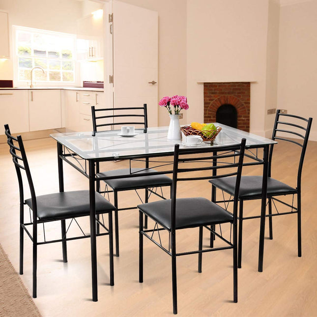 Dining Set with Tempered Glass Top Table and 4 Upholstered Chairs, 5 Pieces, Costway, 2