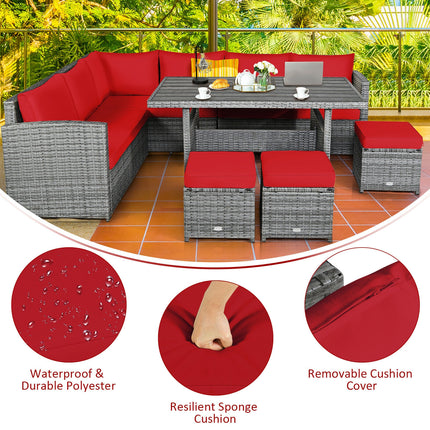 Outdoor Dining set, Patio Rattan Dining Furniture Sectional Sofa Set with Wicker Ottoman, Red, 7 Pieces, Costway, 4
