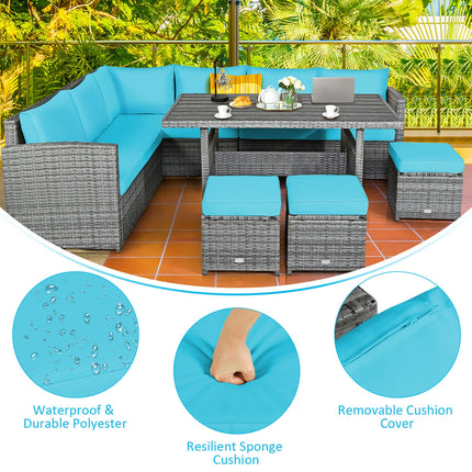 Patio Rattan Dining Furniture Sectional Sofa Set with Wicker Ottoman, Turquoise, 7 Pieces , Costway, 5
