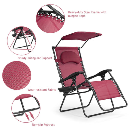 Folding Recliner Lounge Chair with Shade Canopy Cup Holder, Dark Red, Costway, 8