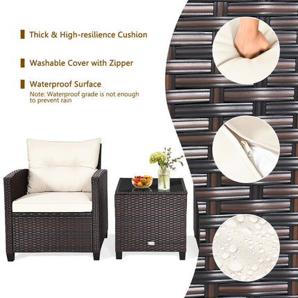 Patio Rattan Furniture Set Cushioned Conversation Set Coffee Table, 3 Pcs , Costway, 8
