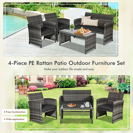 Patio Rattan Furniture Set with Glass Table and Loveseat, Black, 4 Pieces , Costway, 9