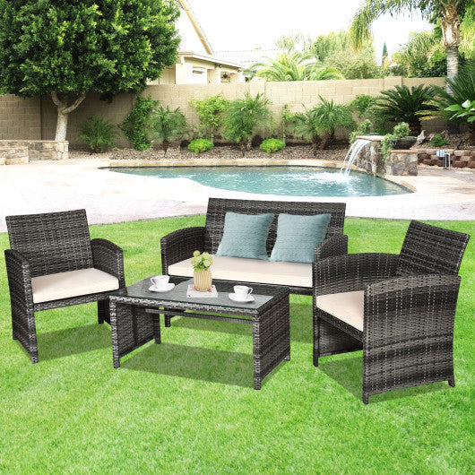 Patio Rattan Furniture Set Conversation Glass Table Top Cushioned Sofa  White, 4PCS , Costway, 1