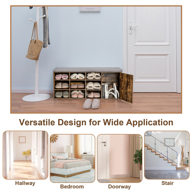 Adjustable Storage Shoe Bench with Padded Cushion, 9-cube , Rustic Brown, Costway, 5