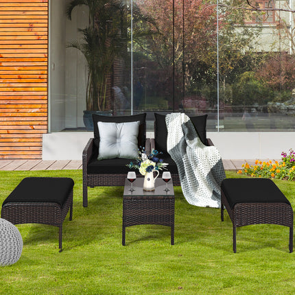 Patio Rattan Sofa Ottoman Furniture Set with Cushions, 5 Pieces , Black, Costway, 9
