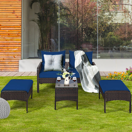 Patio Rattan Sofa Ottoman Furniture Set with Cushions, 5 Pieces , Navy, Costway, 9