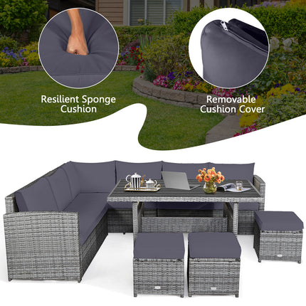 Outdoor Patio Furniture, Outdoor Dining Set, Dining Set, Patio Rattan Dining Sectional Sofa Set with Ottoman, Costway, 3