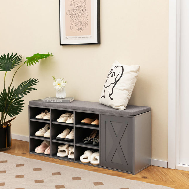 9-cube Shoe Bench with Adjustable Shelves and Removable Padded Cushion, Gray, Costway, 2