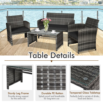 Patio Rattan Furniture Set with Glass Table and Loveseat, Black, 4 Pieces , Costway