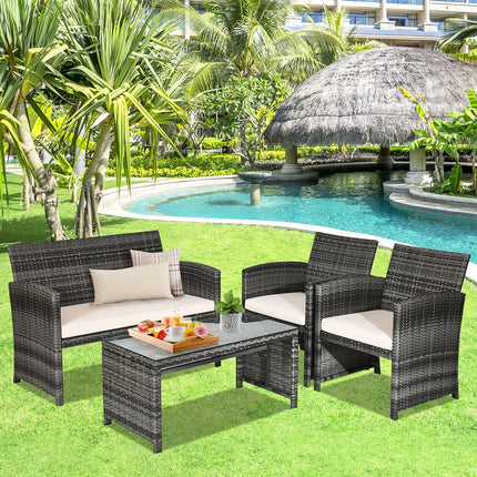 Outdoor Patio Furniture, Patio Rattan Furniture Set, Glass Table, Sofa, 2 Chairs, 3 Cushions, White, Rattan, Costway, 3