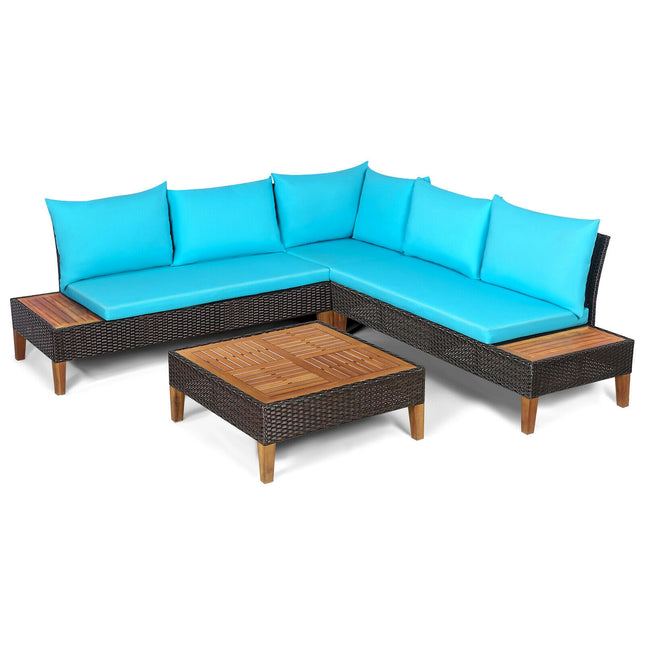 Outdoor Patio Furniture, Patio Cushioned Rattan Furniture Set with Wooden Side Table, Turquoise, 4 Pieces, Costway, 1