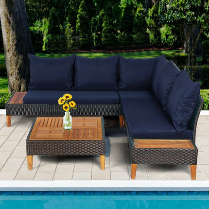 Patio Cushioned Rattan Furniture Set with Wooden Side Table, Navy, 4 Pieces , Costway, 8