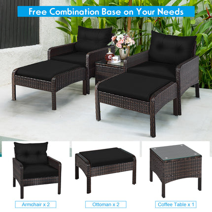 Patio Rattan Sofa Ottoman Furniture Set with Cushions, 5 Pieces , Black, Costway, 4
