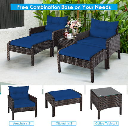 Patio Rattan Sofa Ottoman Furniture Set with Cushions, 5 Pieces , Navy, Costway, 4