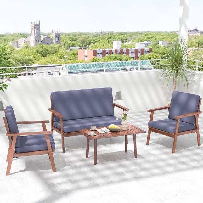 Costway - Outdoor Acacia Wood Conversation Set with Soft Seat and Back Cushions,  4 Piece Gray, Costway, 2