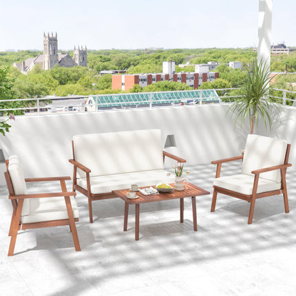 Outdoor Acacia Wood Conversation Set with Soft Seat and Back Cushions, 4 Piece White, Costway, 1