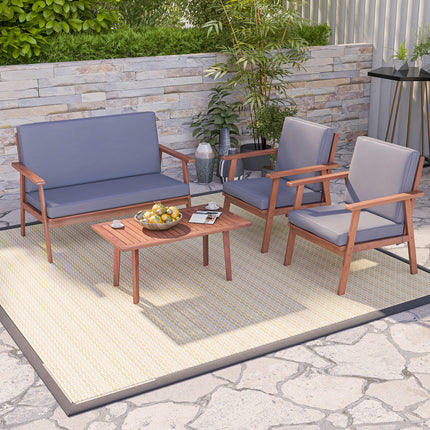 Costway - Outdoor Acacia Wood Conversation Set with Soft Seat and Back Cushions,  4 Piece Gray, Costway, 3