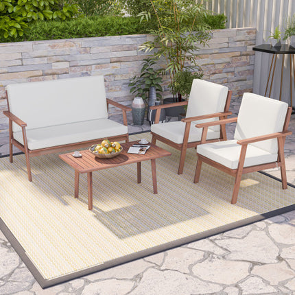 Outdoor Acacia Wood Conversation Set with Soft Seat and Back Cushions, 4 Piece White, Costway, 2