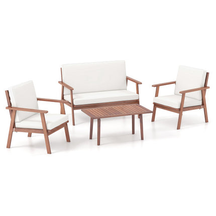 Outdoor Acacia Wood Conversation Set with Soft Seat and Back Cushions, 4 Piece White, Costway, 3