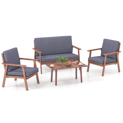 Costway - Outdoor Acacia Wood Conversation Set with Soft Seat and Back Cushions,  4 Piece Gray, Costway, 5