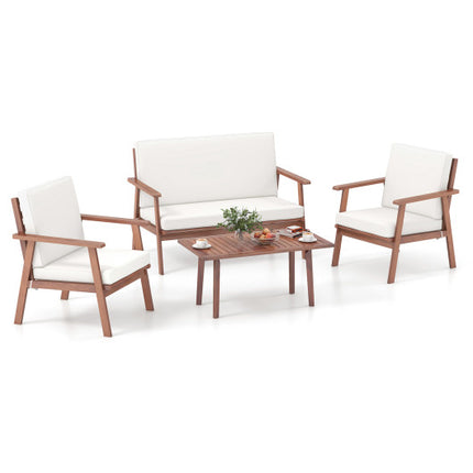 Outdoor Acacia Wood Conversation Set with Soft Seat and Back Cushions, 4 Piece White, Costway, 4