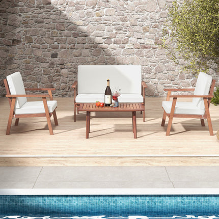 Outdoor Acacia Wood Conversation Set with Soft Seat and Back Cushions, 4 Piece White, Costway, 6