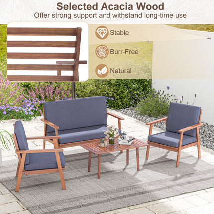 Costway - Outdoor Acacia Wood Conversation Set with Soft Seat and Back Cushions,  4 Piece Gray, Costway, 8