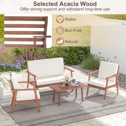 Outdoor Acacia Wood Conversation Set with Soft Seat and Back Cushions, 4 Piece White, Costway