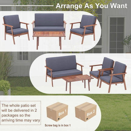 Costway - Outdoor Acacia Wood Conversation Set with Soft Seat and Back Cushions,  4 Piece Gray, Costway