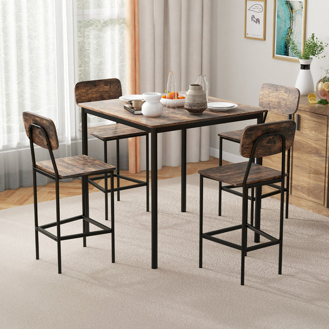 Industrial Dining Table Set with Counter Height Table and 4 Bar Stools, Coffee, 5 Pieces , Costway, 2