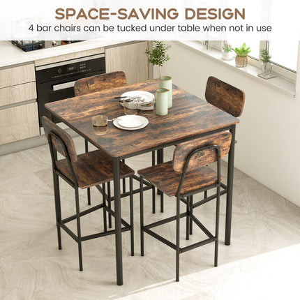 Industrial Dining Table Set with Counter Height Table and 4 Bar Stools, Coffee, 5 Pieces , Costway, 3