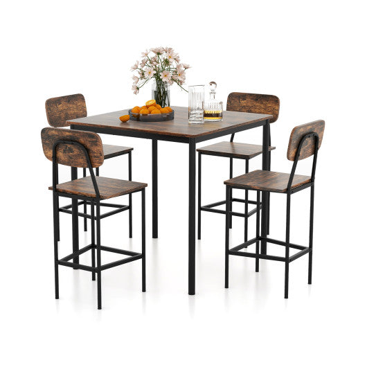 Industrial Dining Table Set with Counter Height Table and 4 Bar Stools, Coffee, 5 Pieces , Costway, 1