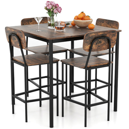 Industrial Dining Table Set with Counter Height Table and 4 Bar Stools, Coffee, 5 Pieces , Costway, 4